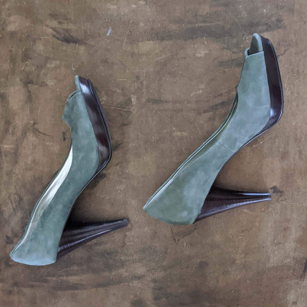 Style & co. Peep Toe Leather Suede Green Pumps With Wooden Heel - Picture 5 of 11